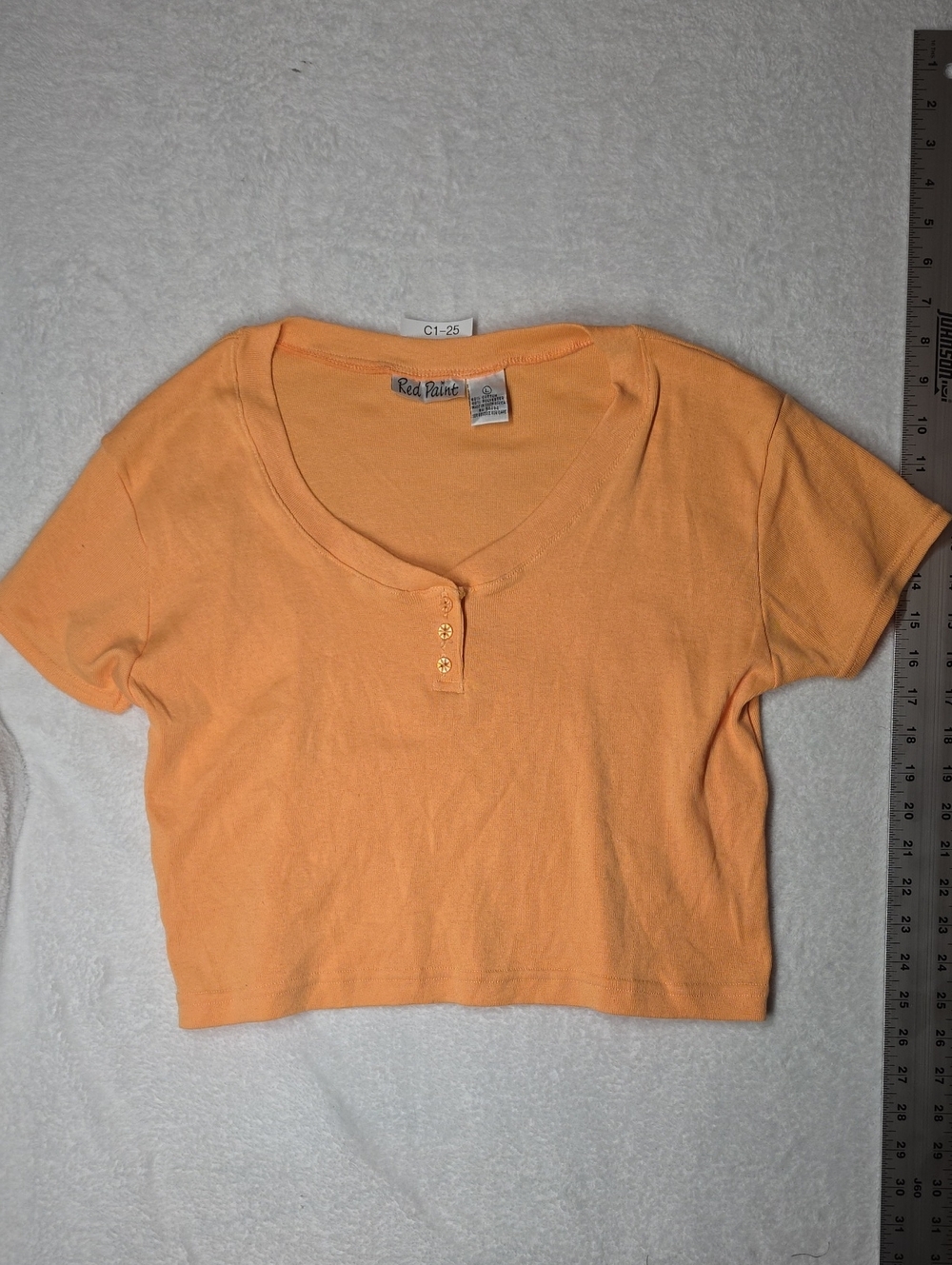 Peach Short-Sleeve Crop Top with Button Placket